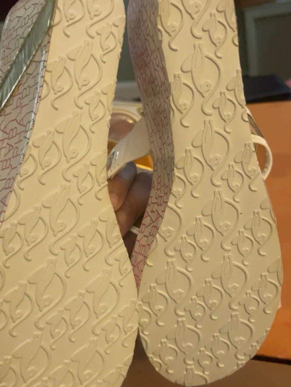 Baby Phat White Wedge Thong Sandals with Gold Accents